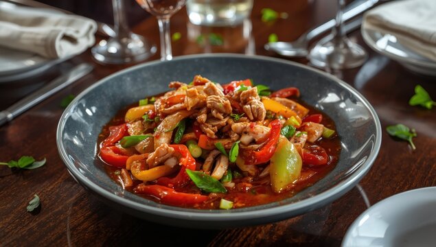Zesty bell peppers, wood ear mushrooms, scallions, and pork stir-fried twice in oil