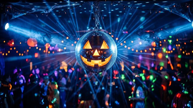 Halloween disco ball party with flashing lights and dancing crowd.