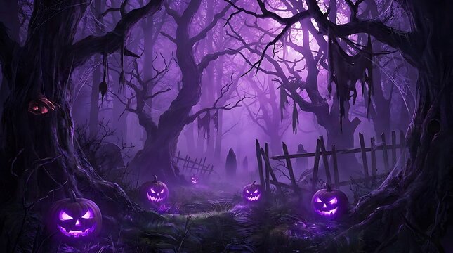 Enchanted halloween graveyard forest with glowing purple jack o lanterns and mysterious hooded figures.