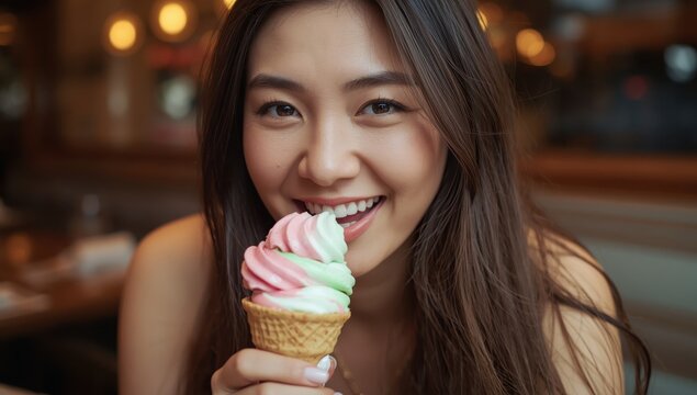 Zoomed-in photo of a lovely Asian woman savoring ice cream at a caf&eacute;.