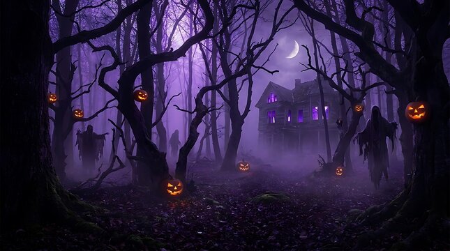 Spooky halloween forest at night with glowing jack o lanterns and haunted house in purple mist.
