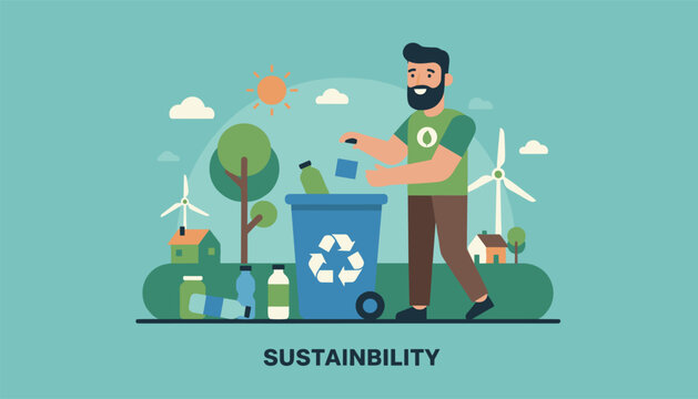 Man putting plastic bottles into a recycling bin in a sustainable environment with windmills and trees in the background.
