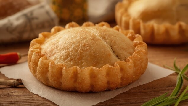 Zoomed-in photo of Malaysian snack karipap or curry puff.