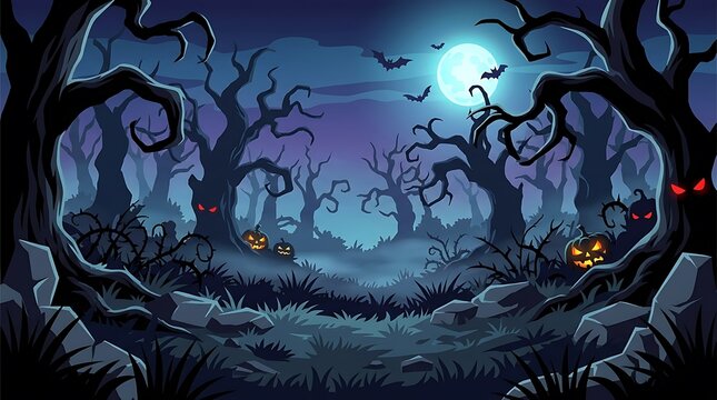 spooky halloween night scene with full moon and flying bats over bare trees and glowing pumpkins in haunted forest.