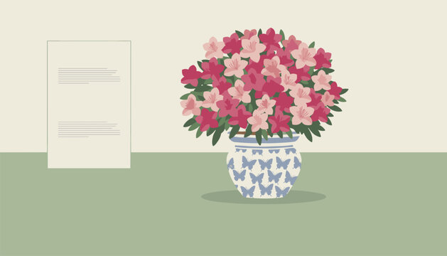 Bouquet of pink and dark pink azalea flowers in a decorative butterfly print vase on a table next to a document.