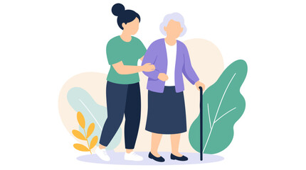Fototapeta premium Elderly Woman Assisted by Caregiver Walking.