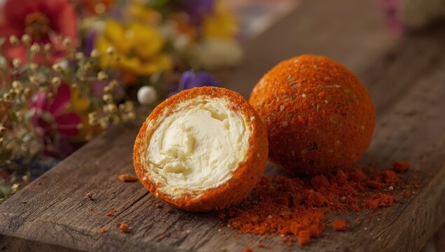 Zoomed-in view of two spiced labne cheese balls on a wooden surface.