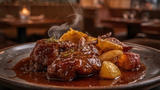 Zoomed-in view of tasty sauced pork cheeks with potatoes on a plate.