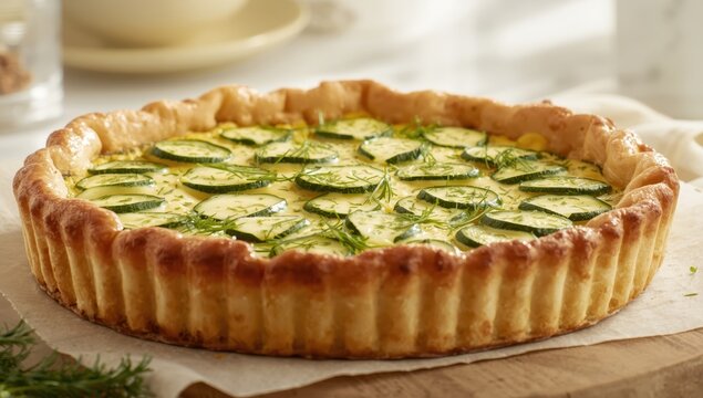 Zucchini and Cheese Tart in Puff Pastry with Dill, blank area for your text