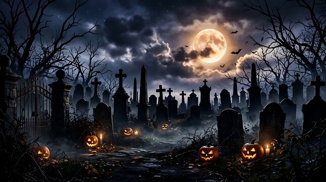Spooky graveyard at night with pumpkins, full moon and bats.