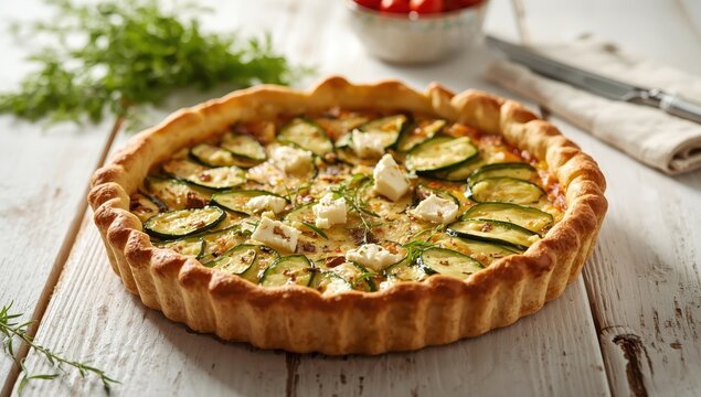 Zucchini and feta tart on light wood surface.