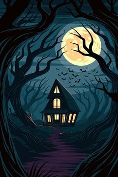 Haunted Gothic Mansion Silhouette Under Giant Full Moon with Flying Bats and Twisted Forest Trees in Misty Night Scene