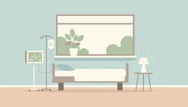 Hospital room interior with a patient bed, a window with greenery, a heart rate monitor, and a lamp on a bedside table.