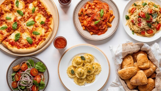 Complete array of Italian dishes including pizza, pasta, ravioli, salad, and focaccia against a white backdrop. Aerial perspective.