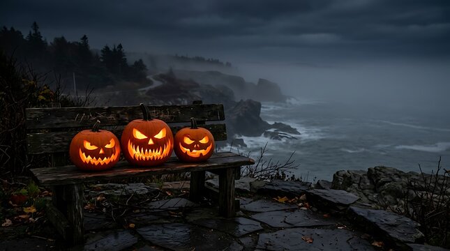 Three jack-o'-lanterns glowing on rustic wooden bench overlooking a moody, foggy ocean landscape with dark skies.