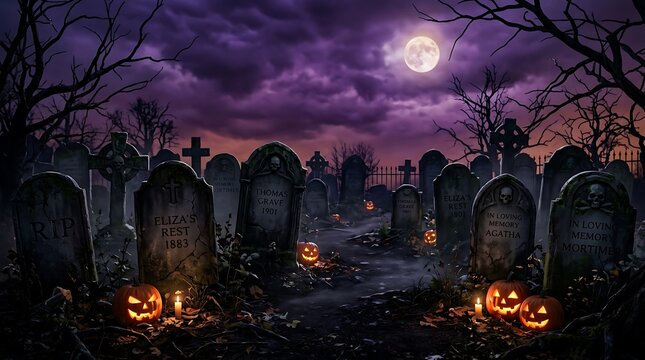 Spooky halloween graveyard scene with glowing jack-o'-lanterns, candles, and tombstones under purple full moon sky.