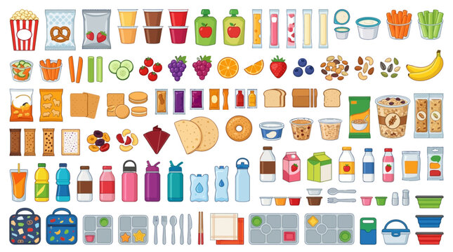 An organized illustration showcases a diverse collection of lunchbox food items and snacks, including fruits, vegetables, drinks, and various packaged goods, presented on a clean white background.
