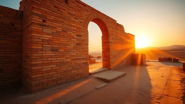 Ancient brick ruins of Ishtar Gate in desert during golden hour.