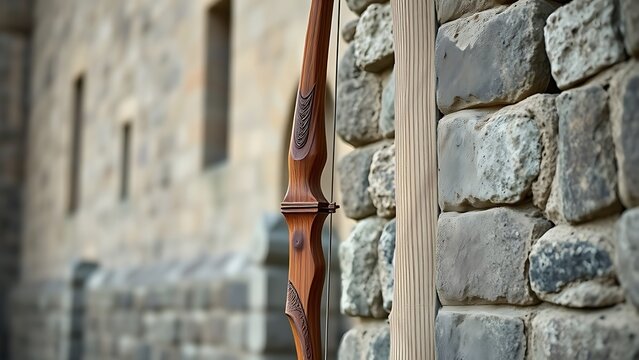 A tall yew longbow leaning against an ancient castle's stone wall.