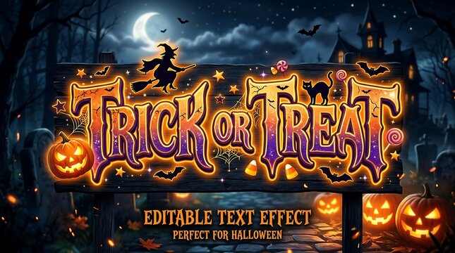 Spooky Halloween Trick or Treat sign with pumpkins and witch flying at night.