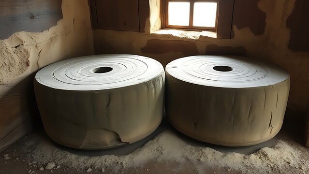 Ancient worn stone millstones with deep grooves and flour dust in warm sunlight.