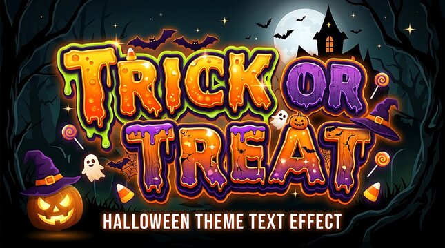 Decorative halloween text design with vibrant spooky elements and festive motifs.