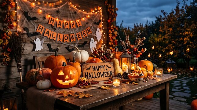 Outdoor halloween decorations on rustic porch with pumpkins, string lights, and spiderwebs at dusk.