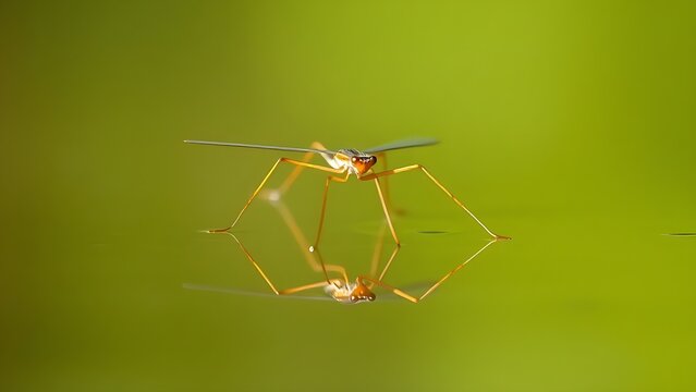 A water strider insect gliding on still water with its long legs extended.