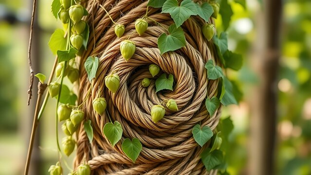 Hop bines spiraling up a vertical rope, covered in heart-shaped leaves.