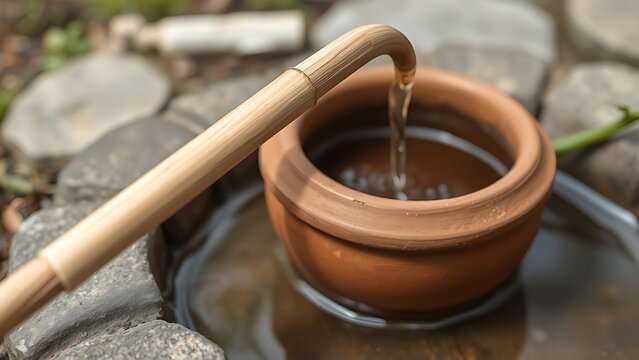 A hollow reed siphon transferring water from a puddle into a clay pot.