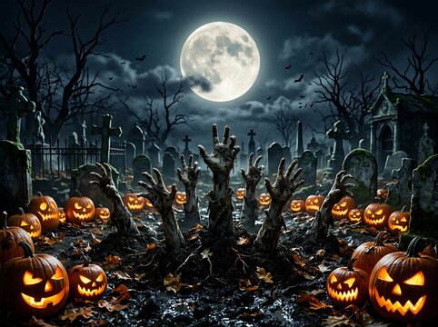 Eerie graveyard at night with zombie hands reaching through dirt and glowing pumpkins under moonlight.