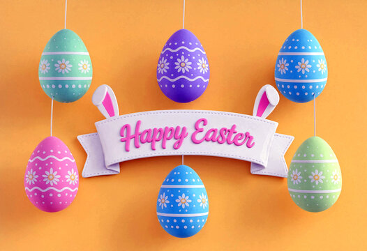 Colorful easter eggs hanging with happy easter banner and bunny ears decoration design