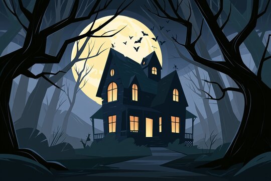 Haunted Gothic Mansion Silhouette Under Giant Full Moon with Flying Bats and Twisted Forest Trees in Misty Night Scene