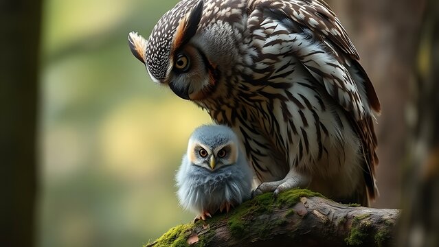 Adult owl looking down at a fluffy owlet below, both perched on a mossy branch.