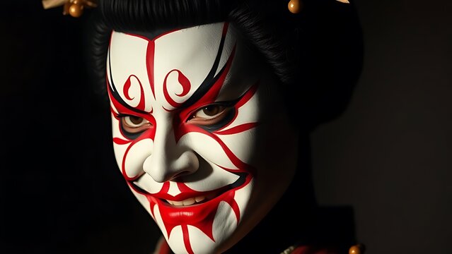 Close-up of ornate Kabuki face paint with bold red and white lines forming an exaggerated expression, dramatic lighting.