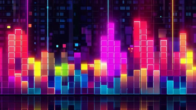 Vibrant city skyline glowing and pulsing to an upbeat energetic rhythm at night