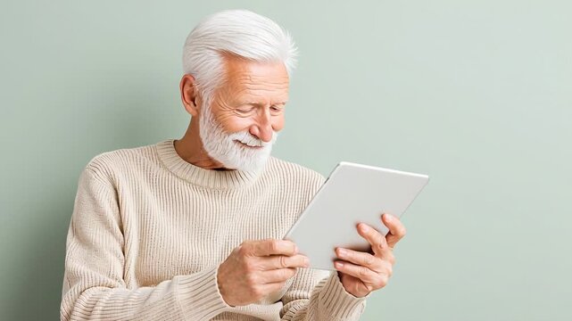 Senior man engaged with tablet against subtle green background