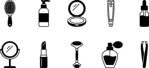 Beauty and Skincare Silhouette Icon Set Featuring Jade Roller, Nail Clipper, Hairbrush, Lipstick, Tweezers, and Perfume Vectors for Personal Care and Salon Designs © Monisa