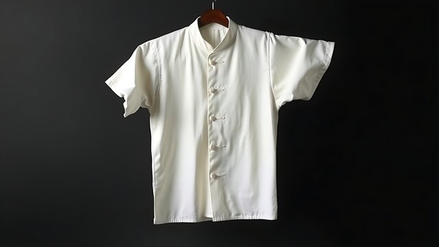 White silk uniform hanging against a simple dark background.