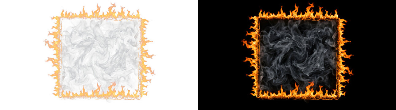 Square frame made of vivid fire flames surrounding dark smoke isolated on white and black backgrounds for creative border designs with isolated