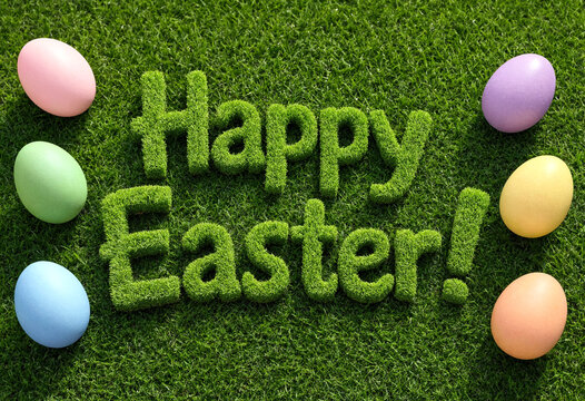 Colorful easter eggs on green grass with happy easter text for holiday celebration greeting card