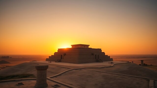 The sun sets behind an ancient ziggurat on a vast, historical plain.