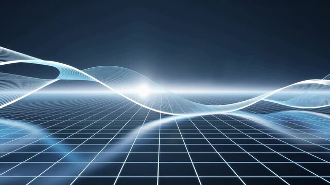 Futuristic video with fluid waves of light moving smoothly over a glowing digital grid background