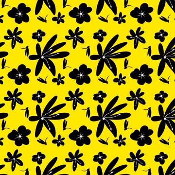 Seamless floral and dragonfly pattern on a bright yellow background.