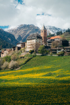 Alpine mountain scenery with blooming meadows and village of Ramosch in spring, Valsot, Engadin Valley, Switzerland