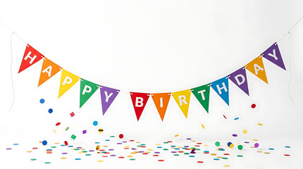Obraz premium Happy Birthday bunting banner with confetti. Colorful party flags for celebration decor.