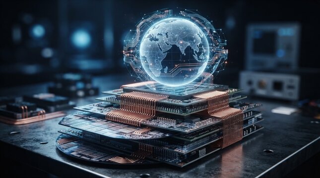 Stacked silicon wafers, chip packaging substrates, copper interconnects, and glowing globe with circuit traces for global semiconductor supply realignment.