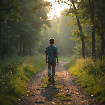 Boy walks down a dirt path in a forest during the late afternoon sunshine