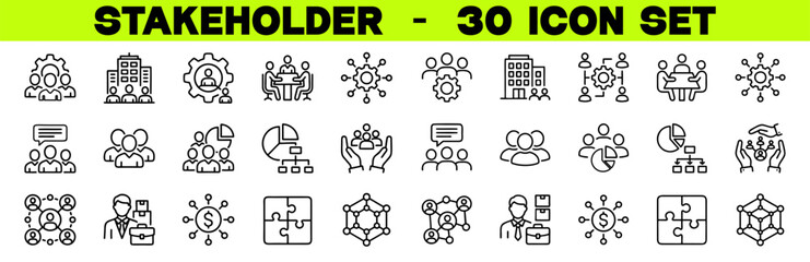 Fototapeta premium Stakeholder Icon Set – Editable Stroke Vector Illustration of Business, Teamwork, Management and Partnership Icons