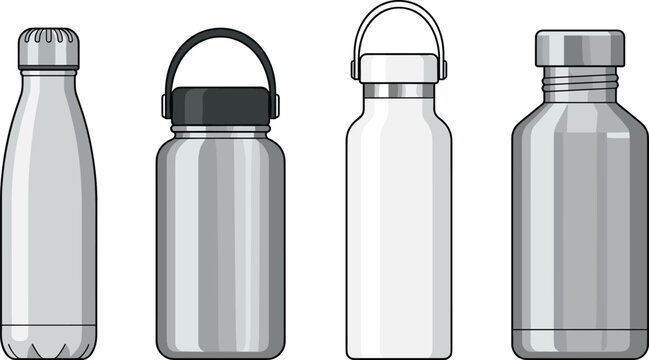 Reusable stainless steel water bottles vector illustration collection featuring insulated metallic flasks with assorted sports loop caps and screw lids isolated on white background